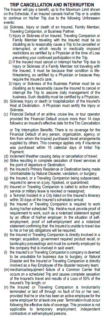 Covered reasons for trip cancellation and interruption