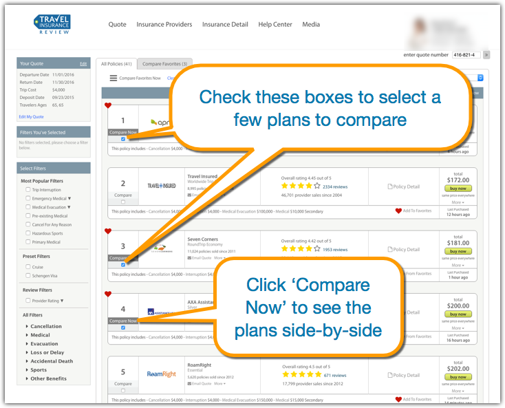 Use the compare feature to see plans side-by-side and compare travel insurance