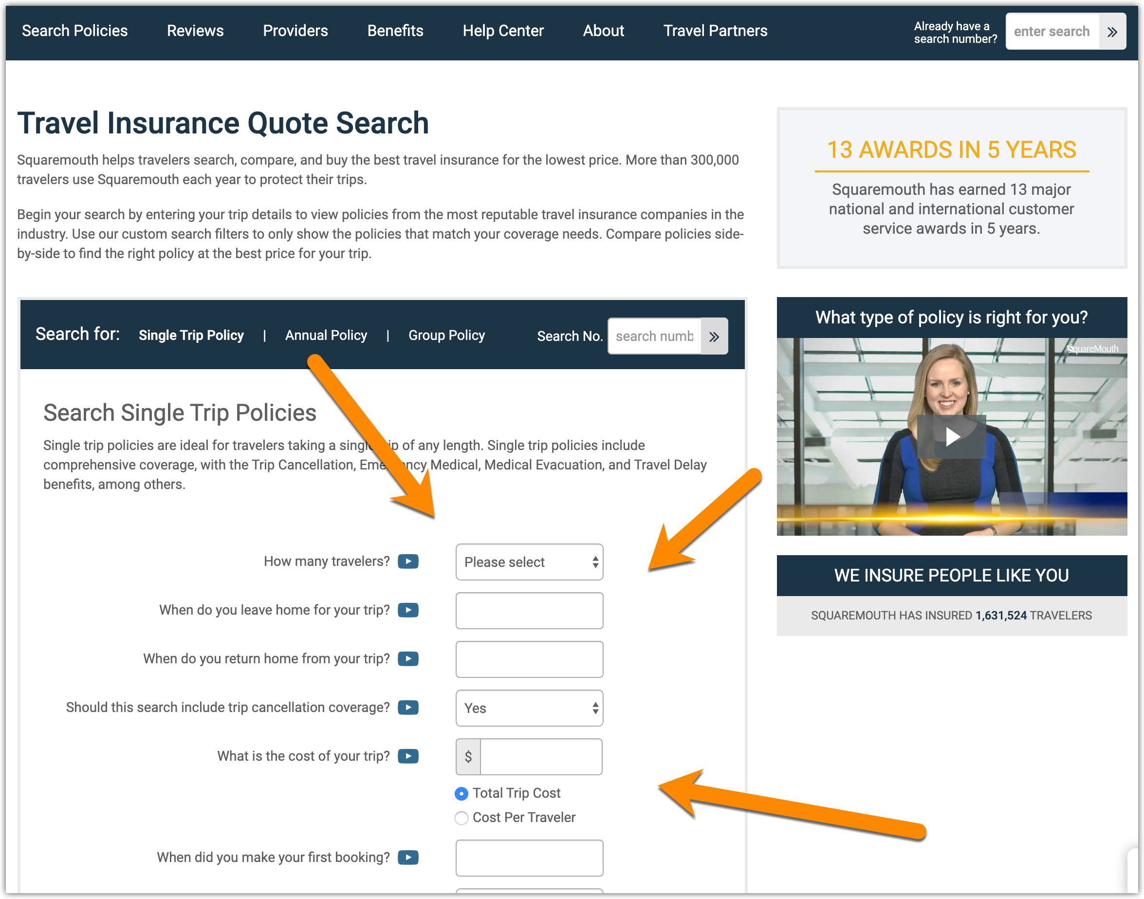 Enter your trip information on this screen to start your travel insurance search.