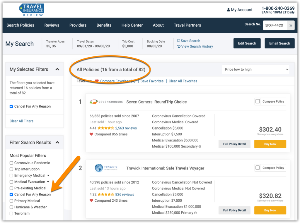 Selecting the Cancel For Any Reason filter reduced the trip insurance plans to 16