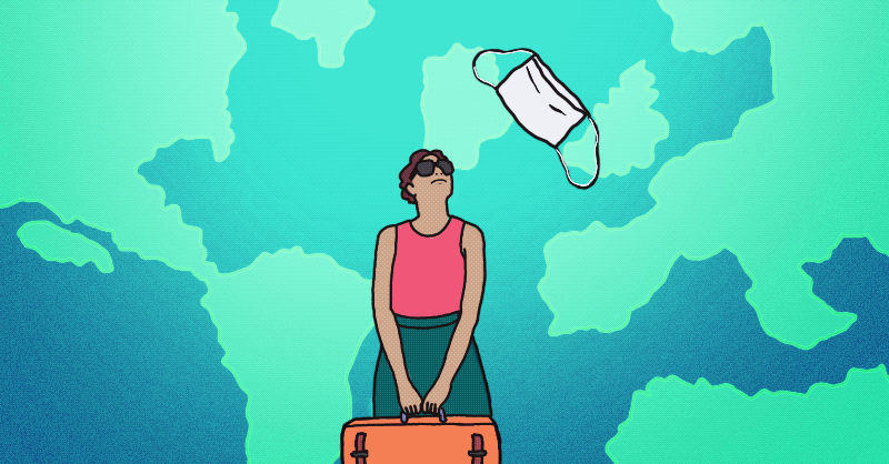 Animated gif of a woman traveler with a mask, plane, syringe, and covid virus