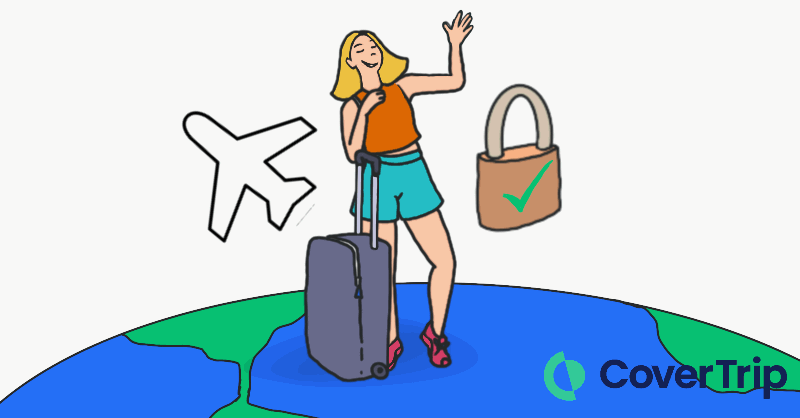 Traveler waving goodbye with travel insurance for the trip